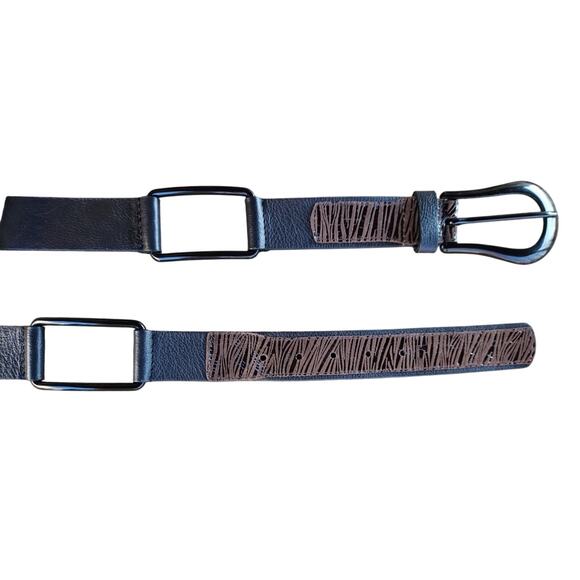 NEW Chico's Y2K Black Brown Leather Belt sz S Zebra Stripe Shiny Black Buckle - Picture 3 of 4